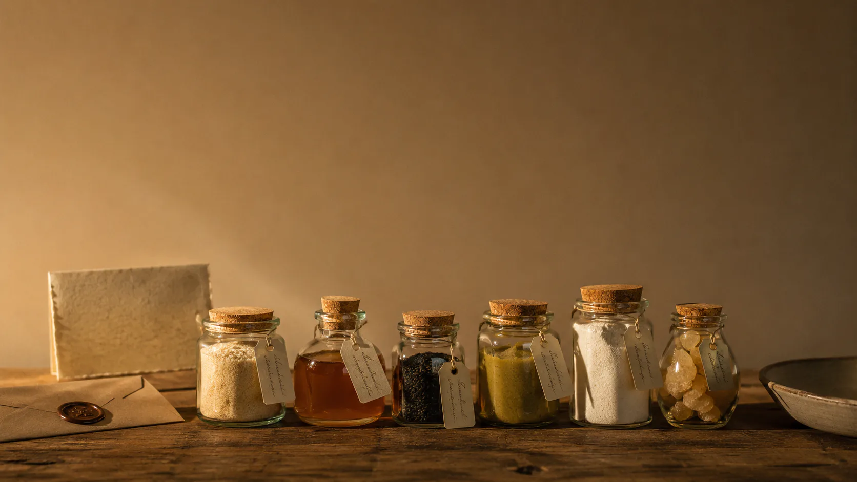 A still life of labeled glass jars, sealed kraft envelopes, and ingredient cards on raw oak under warm amber side-light — the maison’s practice of naming what goes into every order.