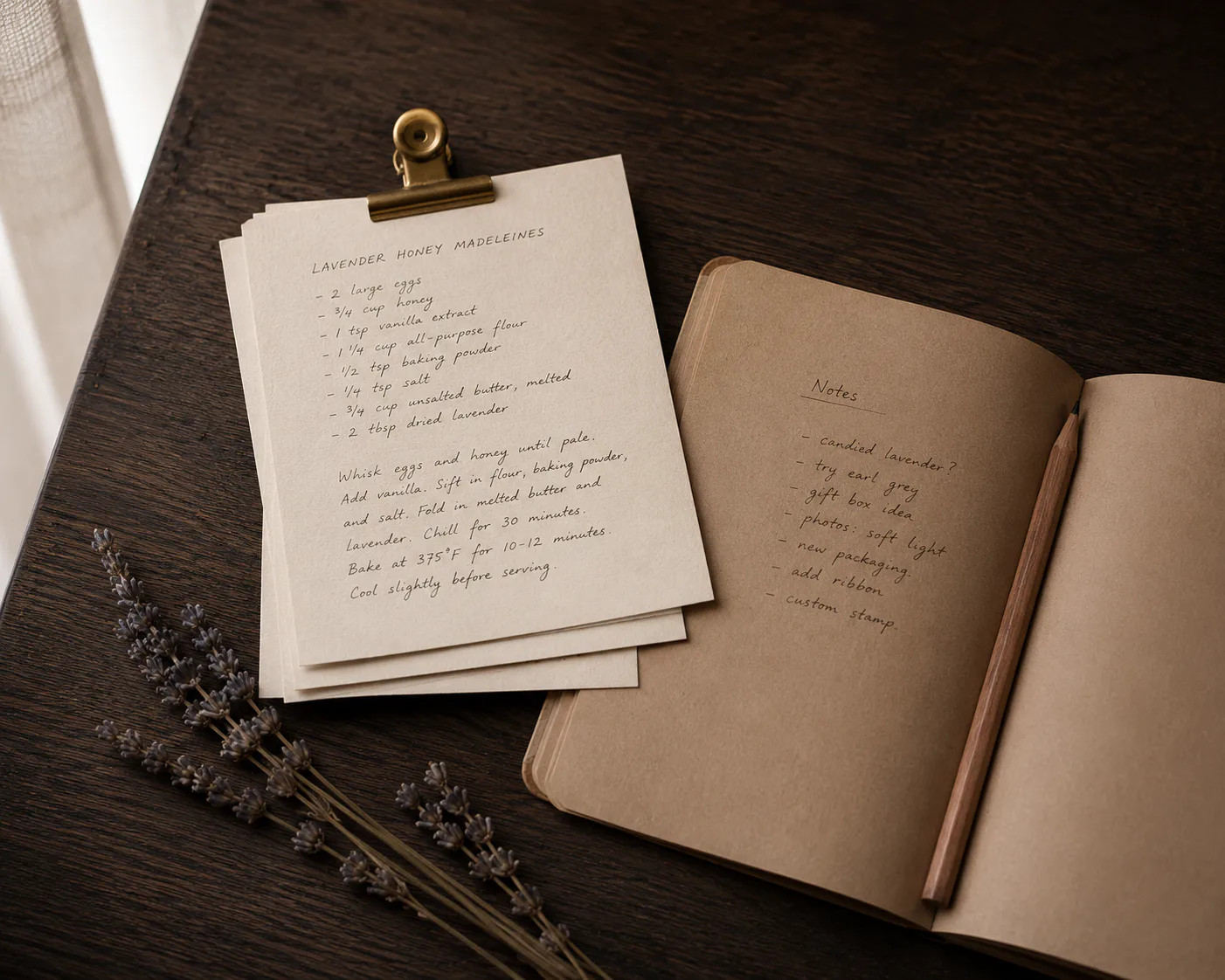 A still-life of handwritten recipe notes, an open kraft notebook, and a sprig of dried lavender on a dark oak table — the maison's practice of answering every question by hand.