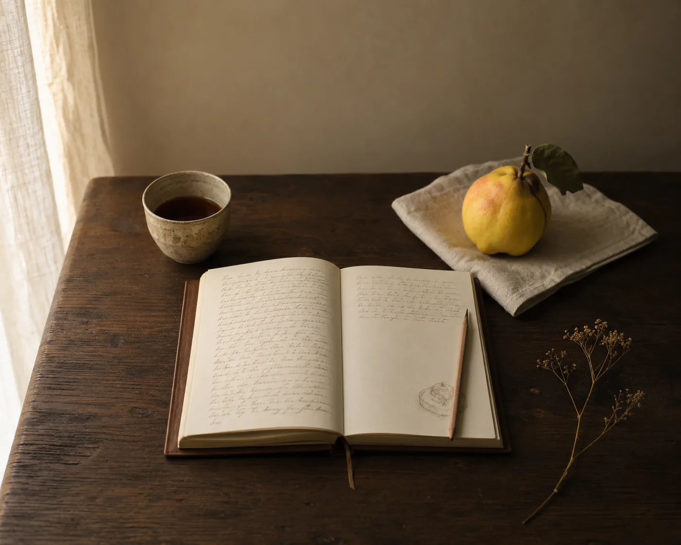 An open leather-bound notebook with handwritten sepia notes and a small pastry sketch in the corner of the right page, a pencil resting along its inside edge, on a dark oak table. A ceramic cup of dark tea sits to the upper left; to the upper right, a ripe quince with one attached leaf rests on a folded linen cloth; a single dried sprig lies on the lower right. Soft daylight from linen curtains on the left.