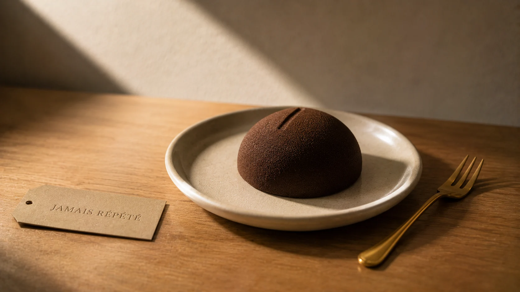 A single matte dark-chocolate velvet dome on a hand-thrown cream ceramic plate at the center of a smooth oiled oak workbench, with a brass dessert fork resting to the right and a small kraft tag debossed JAMAIS RÉPÉTÉ at the lower-left. Architectural daylight crosses the plaster wall behind.