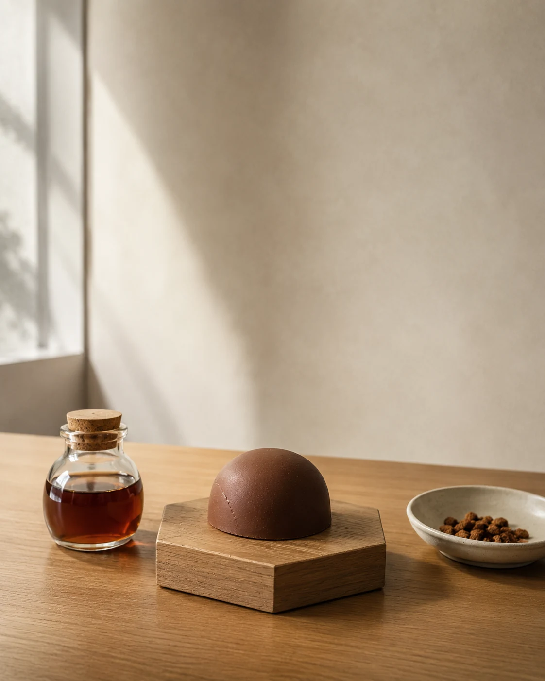 A dark chocolate mousse dome on a hexagonal raw oak plinth, beside a small jar of buckwheat honey and a hand-thrown ceramic dish, lit by warm amber side-light.