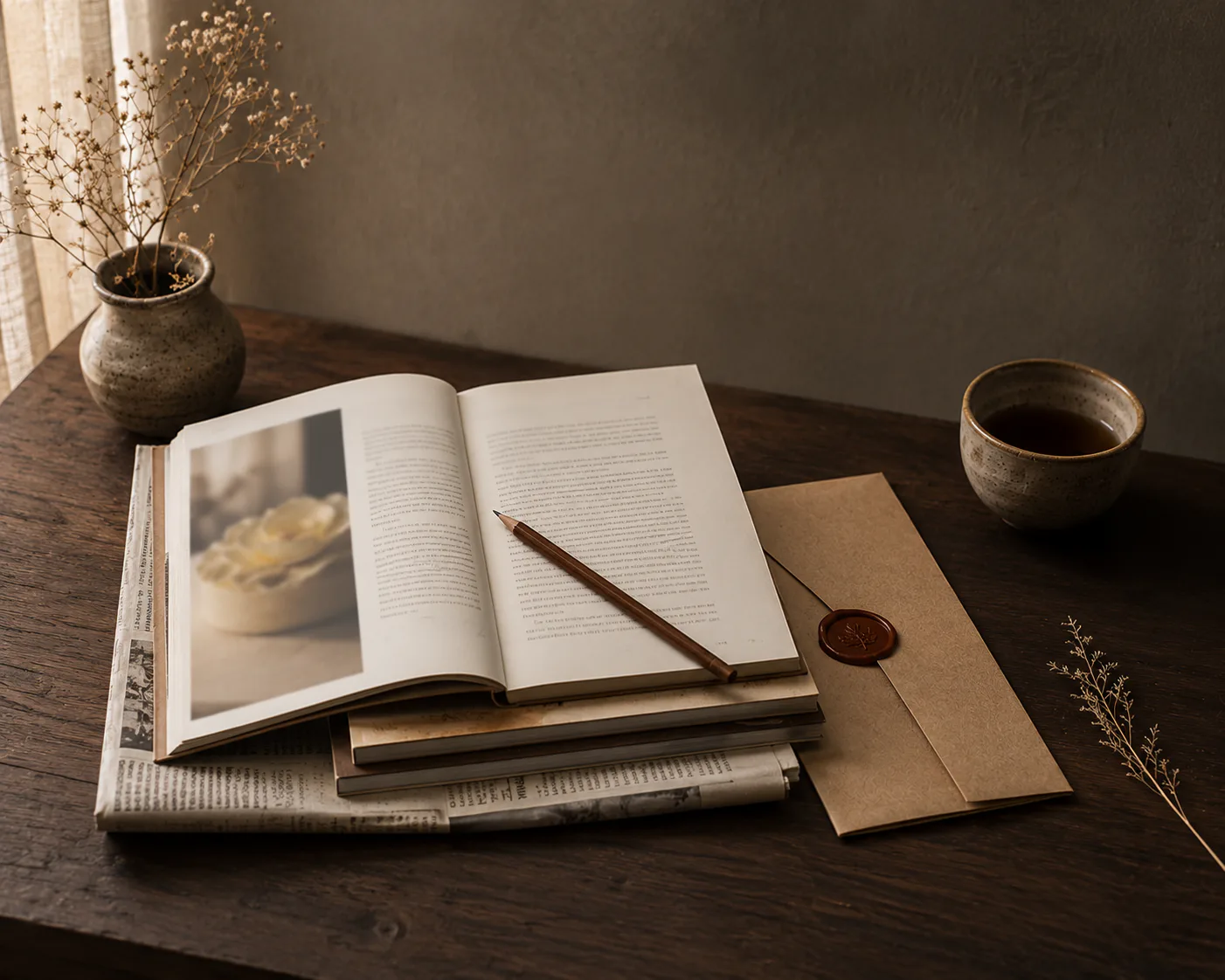An open hardback book on a stack of folded newspapers and a smaller volume, photographing a pale entremet on the left page and dense editorial text on the right, with a slim wooden pencil resting across the spread. A wax-sealed kraft envelope, a ceramic cup of dark tea, a ceramic vase of dried gypsophila, and a dried sprig sit around it on a dark oak desk — the hour a piece is read, not the hour it is printed.