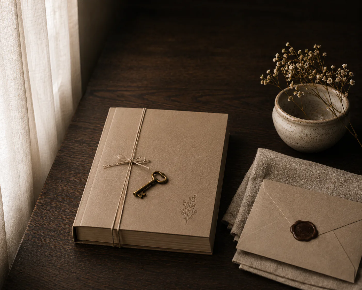 A closed kraft ledger tied with waxed linen twine, an antique brass key resting on its cover beside a small embossed botanical mark, with a wax-sealed kraft envelope, folded linen cloth, and a ceramic bowl of dried gypsophila on a dark oak desk lit by soft window daylight — the maison's practice of keeping only what is necessary, under lock.
