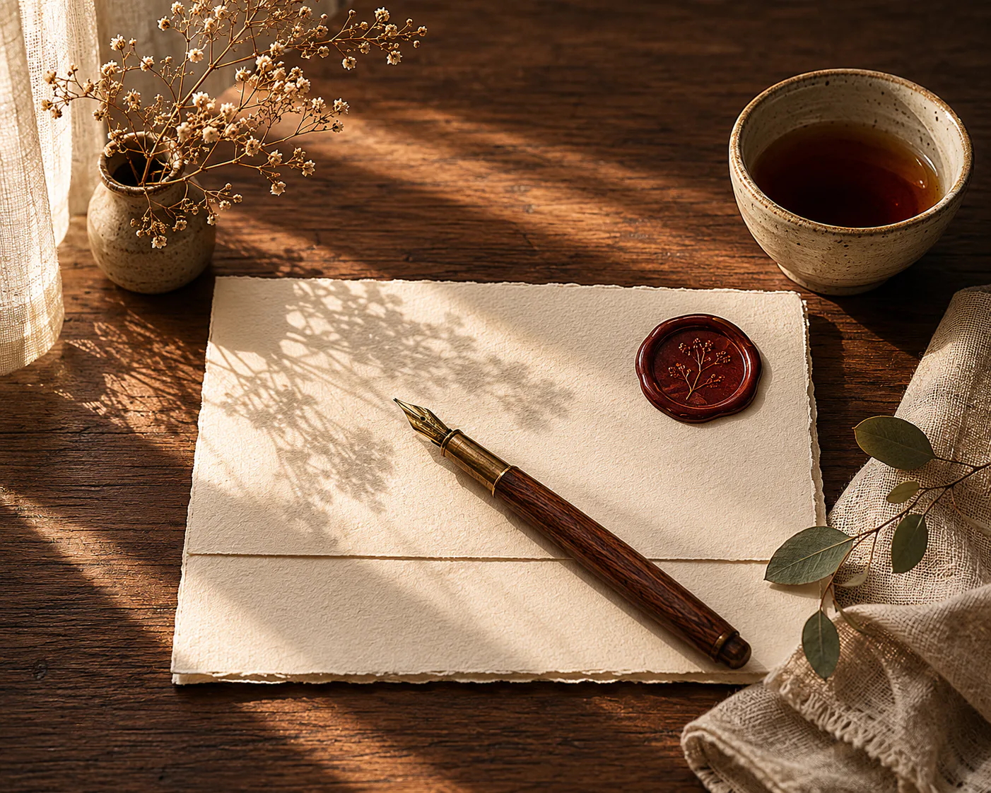 A folded sheet of heavy cream cotton paper on a dark oak desk in late-afternoon light, sealed with a dark amber wax disc embossed with a small botanical mark and crossed by a slim wooden fountain pen with a brass nib. A ceramic cup of dark tea, a small vase of dried gypsophila casting a soft shadow across the paper, and a folded linen cloth with a eucalyptus stem complete the still life — the maison's practice of signing every agreement by hand.